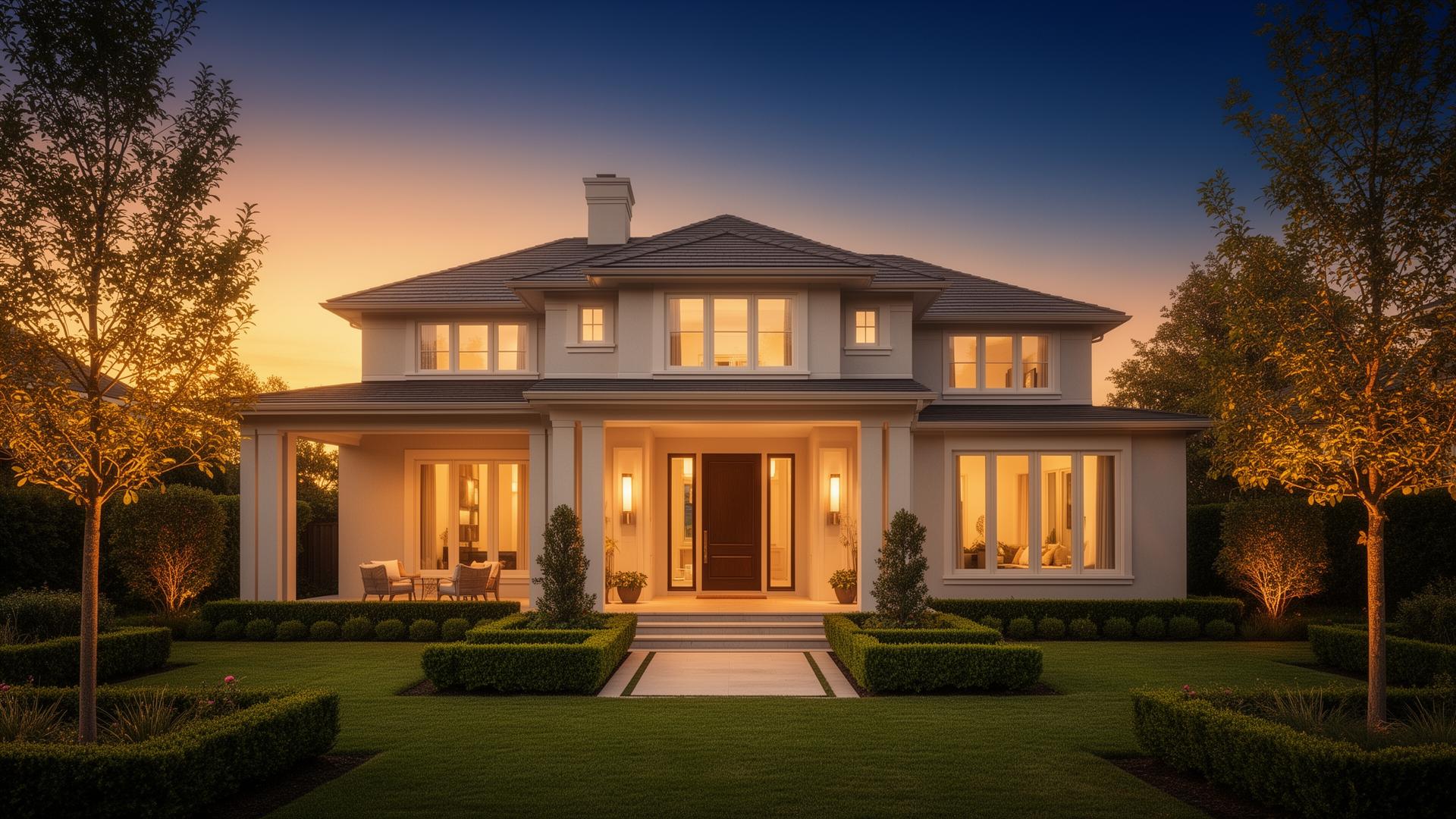 Elegant modern home at golden hour